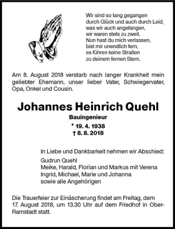 Traueranzeige von Johannes Heinrich Quehl von vrm-trauer