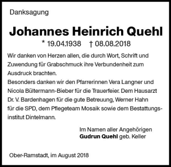 Traueranzeige von Johannes Heinrich Quehl von vrm-trauer