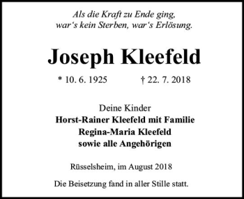 Traueranzeige von Joseph Kleefeld von vrm-trauer