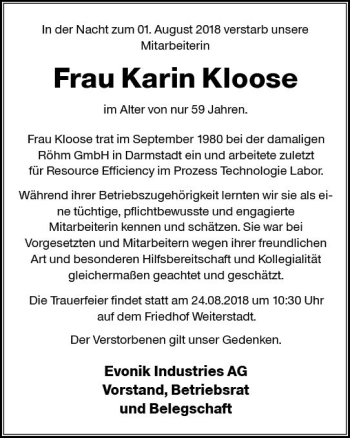 Traueranzeige von Karin Kloose von vrm-trauer