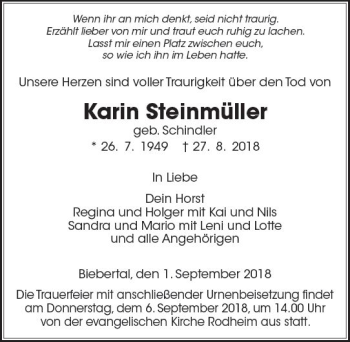 Traueranzeige von Karin Steinmüller von  Gießener Anzeiger