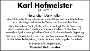 Traueranzeige von Karl Hofmeister von vrm-trauer