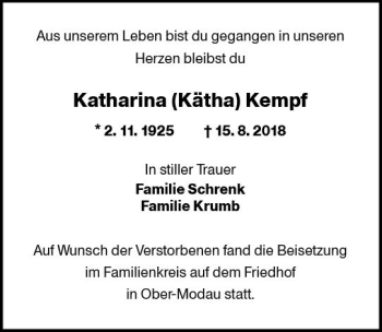 Traueranzeige von Katharina (Kätha) Kempf von vrm-trauer