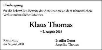 Traueranzeige von Klaus Thomas von vrm-trauer