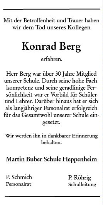 Traueranzeige von Konrad Berg von vrm-trauer