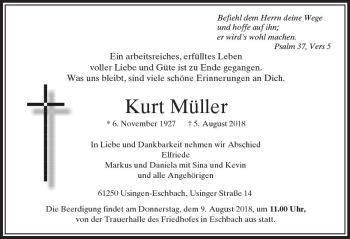 Traueranzeige von Kurt Müller von  Usinger Anzeiger