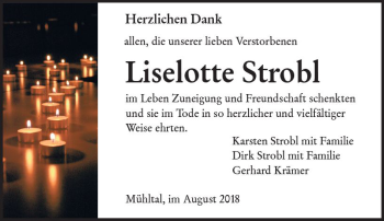 Traueranzeige von Liselotte Strobl von vrm-trauer