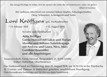 Traueranzeige von Loni Kröffges von VRM Trauer