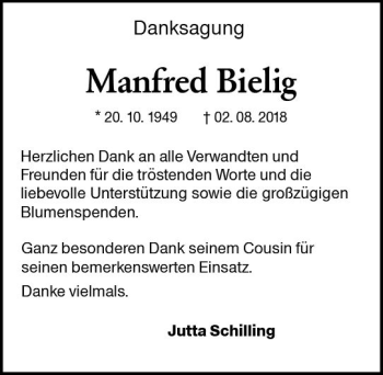 Traueranzeige von Manfred Bielig von vrm-trauer