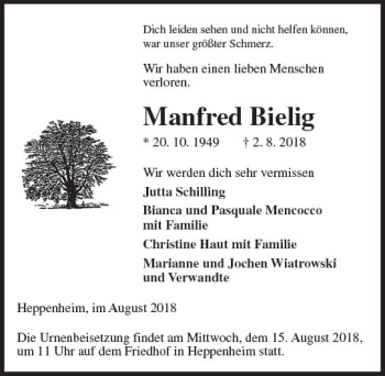Traueranzeige von Manfred Bielig von vrm-trauer