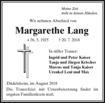 Traueranzeige von Margarethe Lang von  Kreisanzeiger