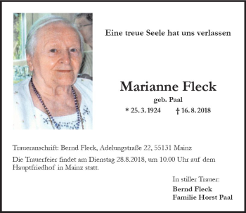 Traueranzeige von Marianne Fleck von vrm-trauer
