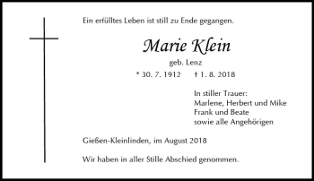 Traueranzeige von Marie Klein von  Gießener Anzeiger