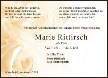 Traueranzeige von Marie Rittirsch von VRM Trauer