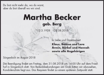 Traueranzeige von Martha Becker von vrm-trauer