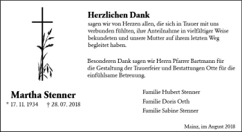 Traueranzeige von Martha Stenner von vrm-trauer