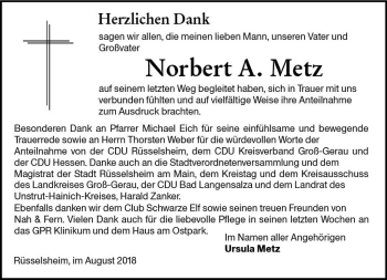 Traueranzeige von Norbert A. Metz von vrm-trauer
