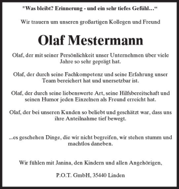 Traueranzeige von Olaf Mestermann von  Gießener Anzeiger