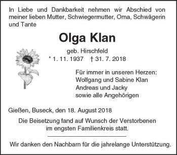 Traueranzeige von Olga Klan von  Gießener Anzeiger