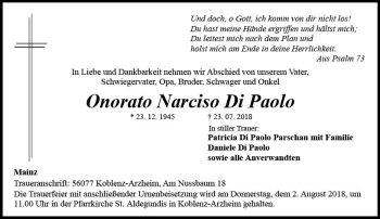 Traueranzeige von Onorato Narciso Di Paolo von vrm-trauer
