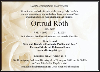 Traueranzeige von Ortrud Roth von VRM Trauer
