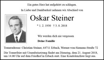 Traueranzeige von Oskar Steiner von vrm-trauer