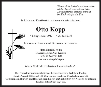 Traueranzeige von Otto Kopp von  Usinger Anzeiger