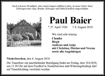 Traueranzeige von Paul Baier von  Camberger Anzeiger