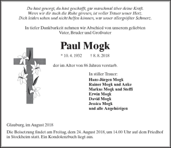 Traueranzeige von Paul Mogk von  Kreisanzeiger