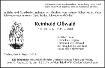 Traueranzeige von Reinhold Oßwald von  Gießener Anzeiger