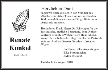 Traueranzeige von Renate Kunkel von  Usinger Anzeiger