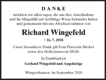Traueranzeige von Richard Wingefeld von  Kreisanzeiger