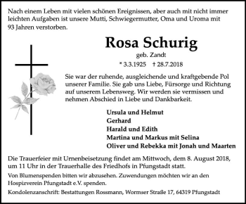 Traueranzeige von Rosa Schurig von vrm-trauer