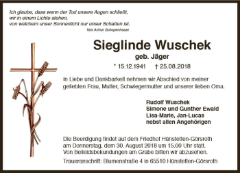 Traueranzeige von Sieglinde Wuschek von vrm-trauer