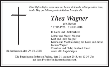 Traueranzeige von Thea Wagner von  Gießener Anzeiger