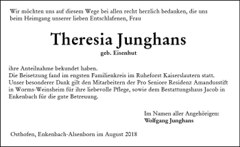 Traueranzeige von Theresia Junghans von vrm-trauer