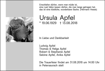Traueranzeige von Ursula Apfel von vrm-trauer