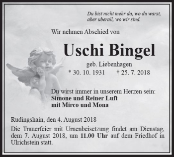Traueranzeige von Uschi Bingel von  Kreisanzeiger