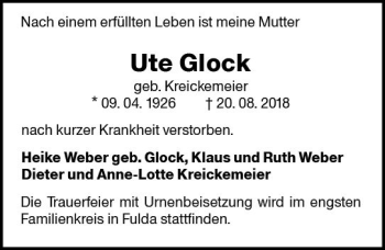 Traueranzeige von Ute Glock von vrm-trauer