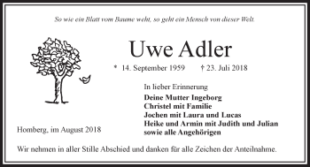 Traueranzeige von Uwe Adler von VRM Trauer