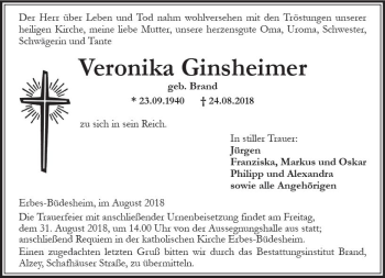 Traueranzeige von Veronika Ginsheimer von vrm-trauer