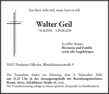 Traueranzeige von Walter Geil von vrm-trauer