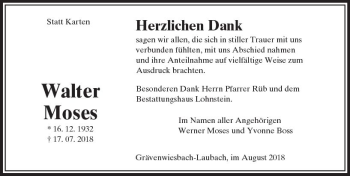 Traueranzeige von Walter Moses von  Usinger Anzeiger