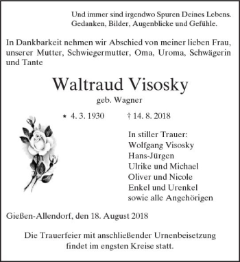 Traueranzeige von Waltraud Visosky von  Gießener Anzeiger