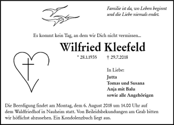 Traueranzeige von Wilfried Kleefeld von vrm-trauer