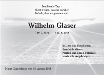 Traueranzeige von Wilhelm Glaser von vrm-trauer