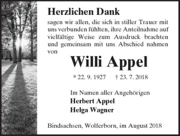 Traueranzeige von Willi Appel von  Kreisanzeiger