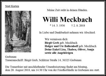 Traueranzeige von Willi Meckbach von VRM Trauer