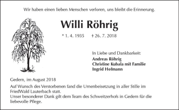 Traueranzeige von Willi Röhrig von  Kreisanzeiger