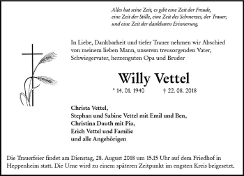 Traueranzeige von Willy Vettel von vrm-trauer